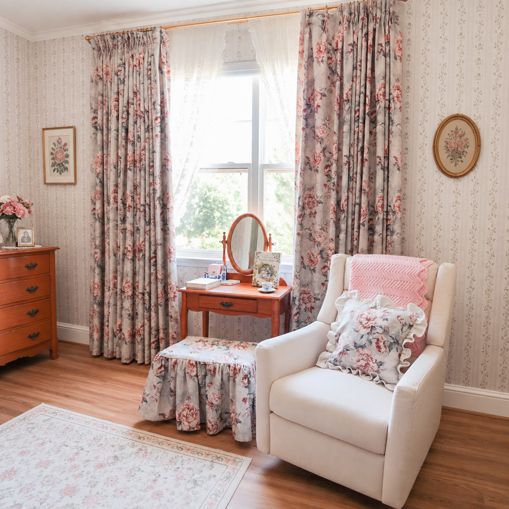 Claudette Vintage Rose Floral Linen Curtains