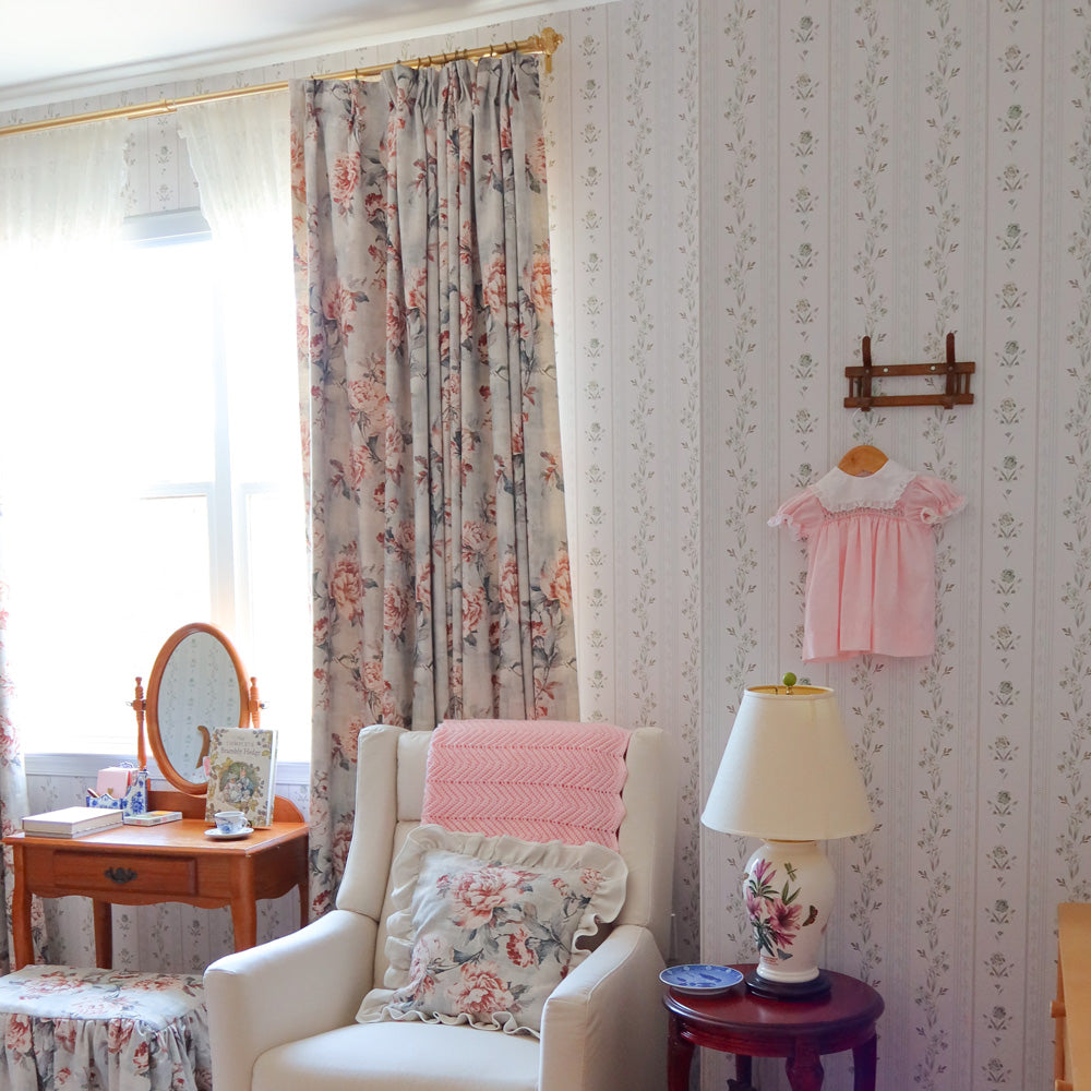 Claudette Vintage Rose Floral Linen Curtains
