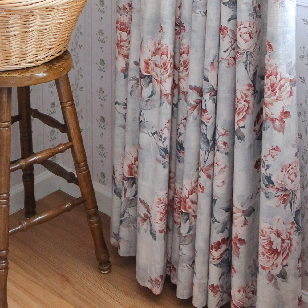 Claudette Vintage Rose Floral Linen Curtains