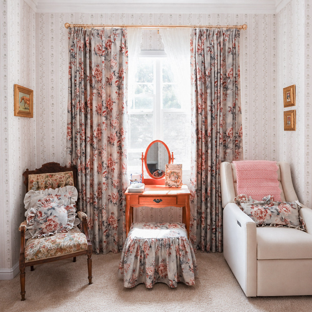 Claudette Vintage Rose Floral Linen Curtains