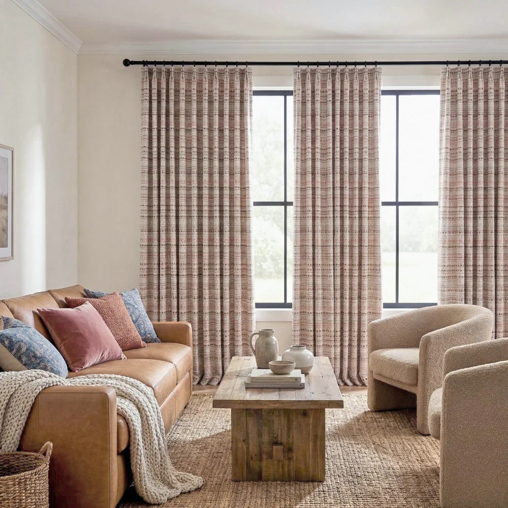 Rideaux jacquard rayés style bohème corail