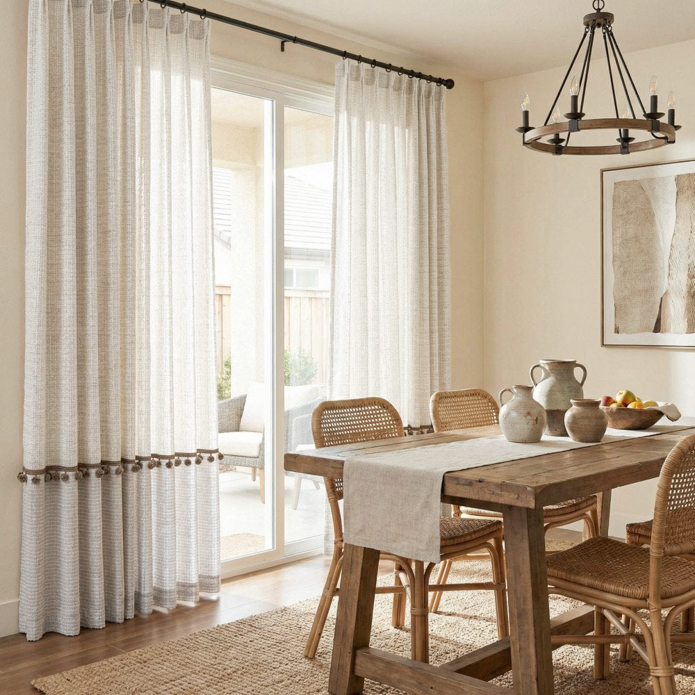 Darcy Splicing Rustic Curtains With Tassel Trim