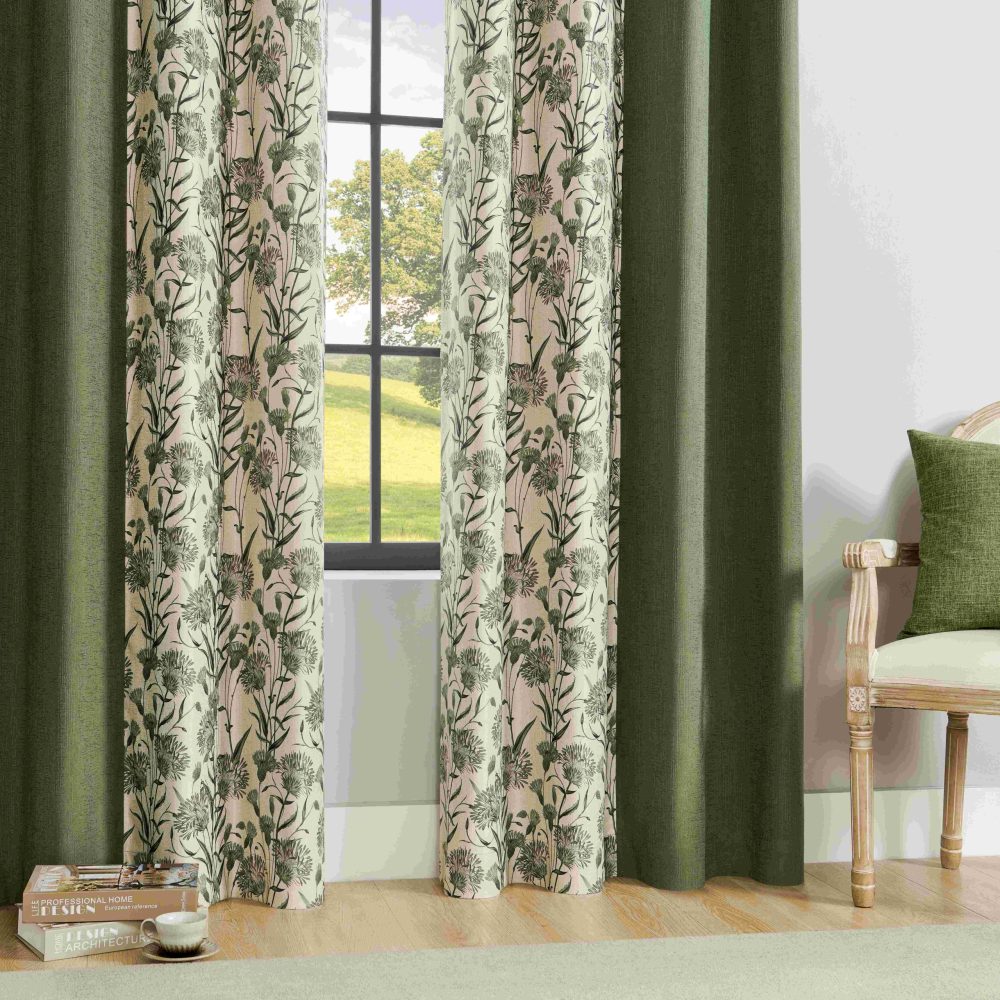 Elma Green Floral Leaf Pastoral Splicing Curtains