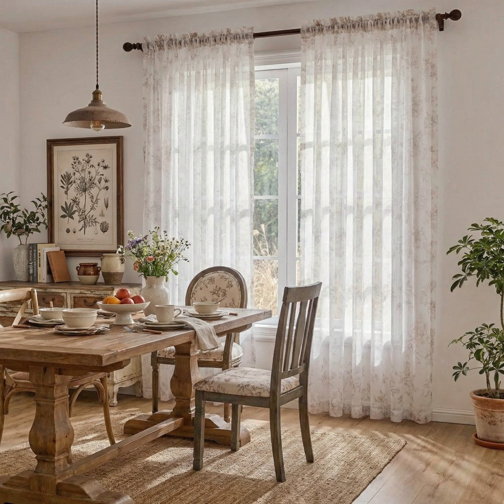 Ivanna Farmhouse Floral Toile Print Sheer Curtains