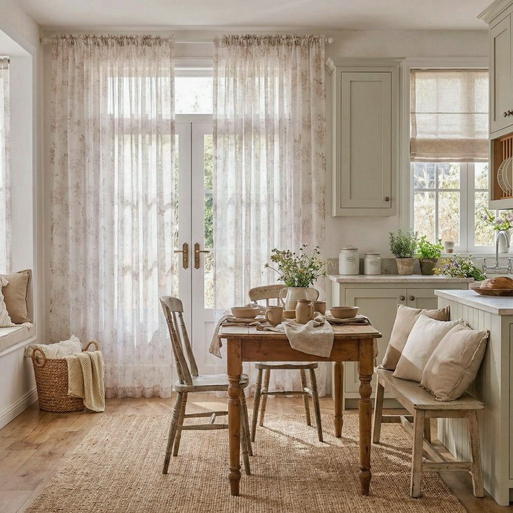 Ivanna Farmhouse Floral Toile Print Sheer Curtains