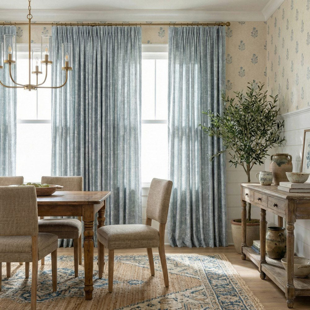 Jade Haze Blue Golden Metallic Curtains