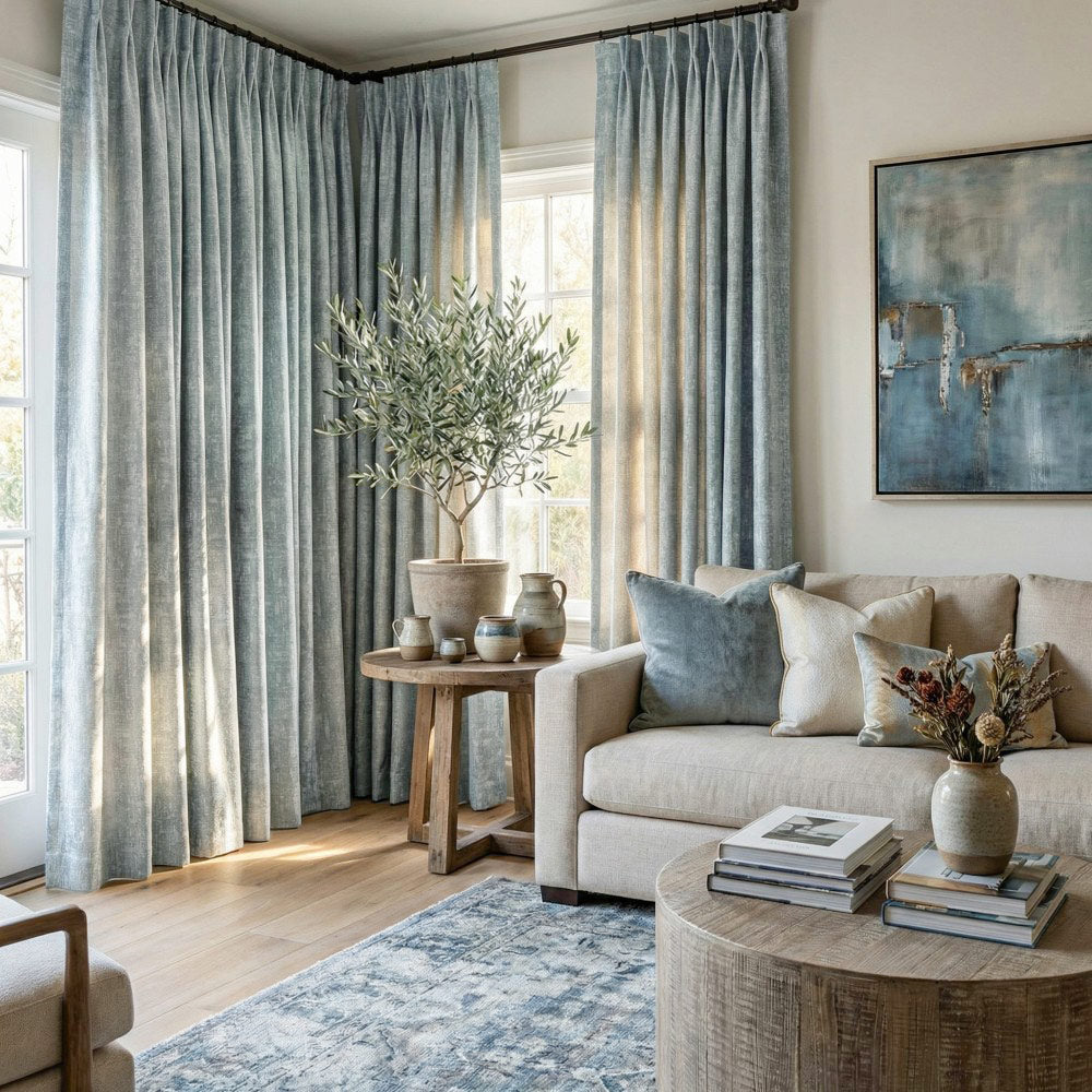 Jade Haze Blue Golden Metallic Curtains