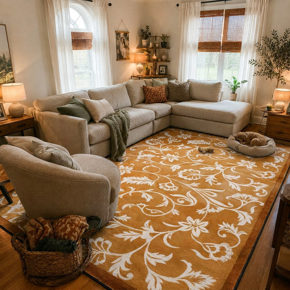 Kamy Warm Ochre Botanical Scroll Polypropylene Rug