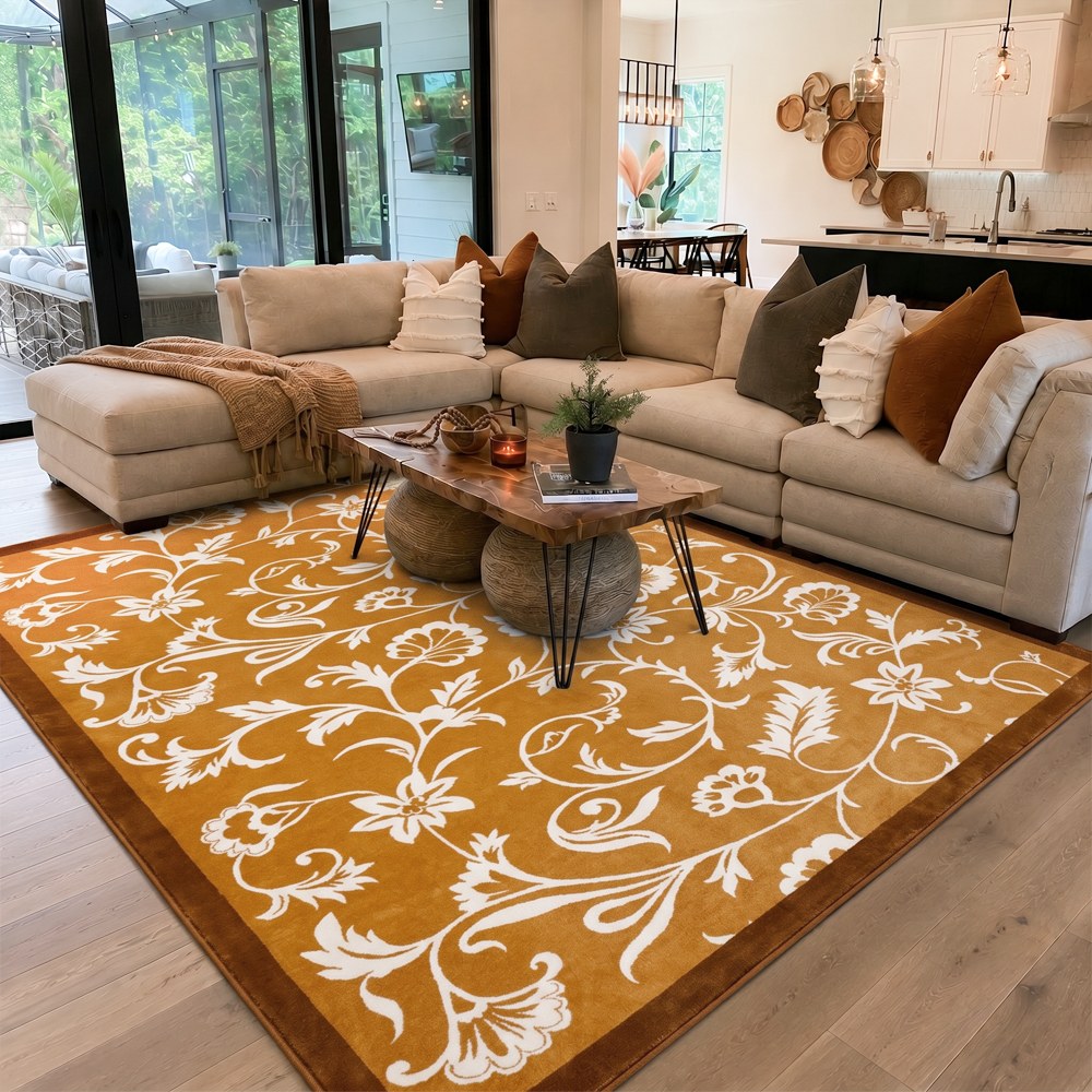 Kamy Warm Ochre Botanical Scroll Polypropylene Rug