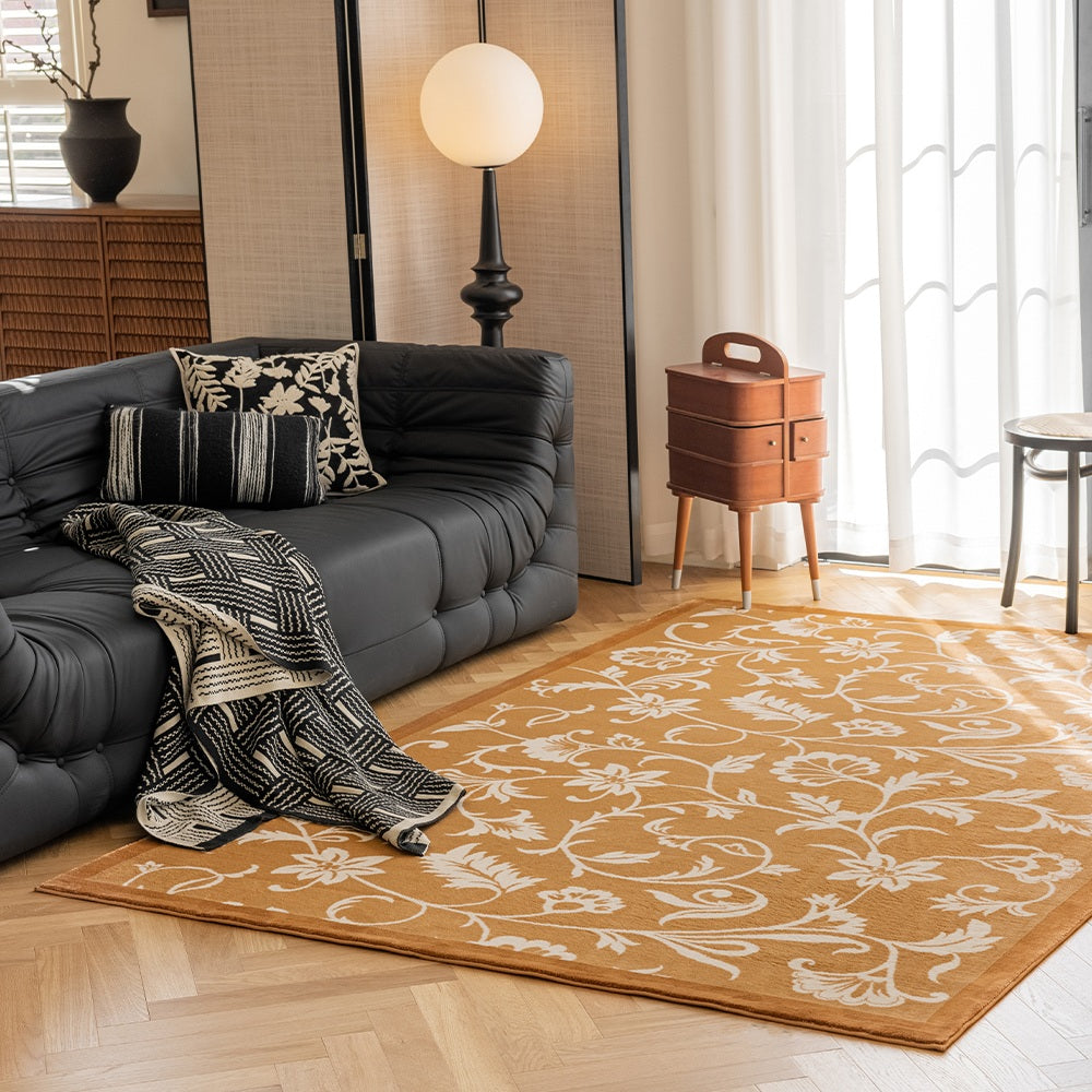 Kamy Warm Ochre Botanical Scroll Polypropylene Rug