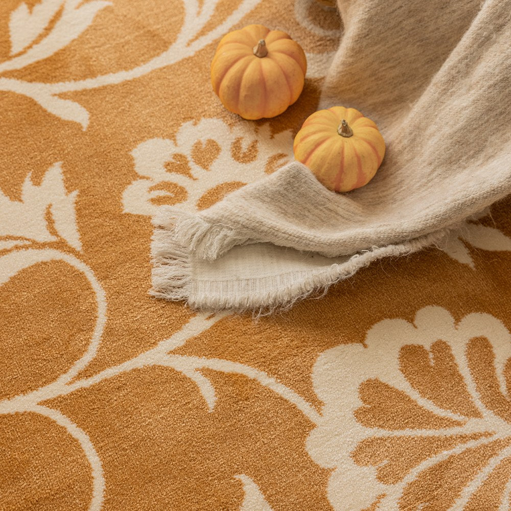 Kamy Warm Ochre Botanical Scroll Polypropylene Rug