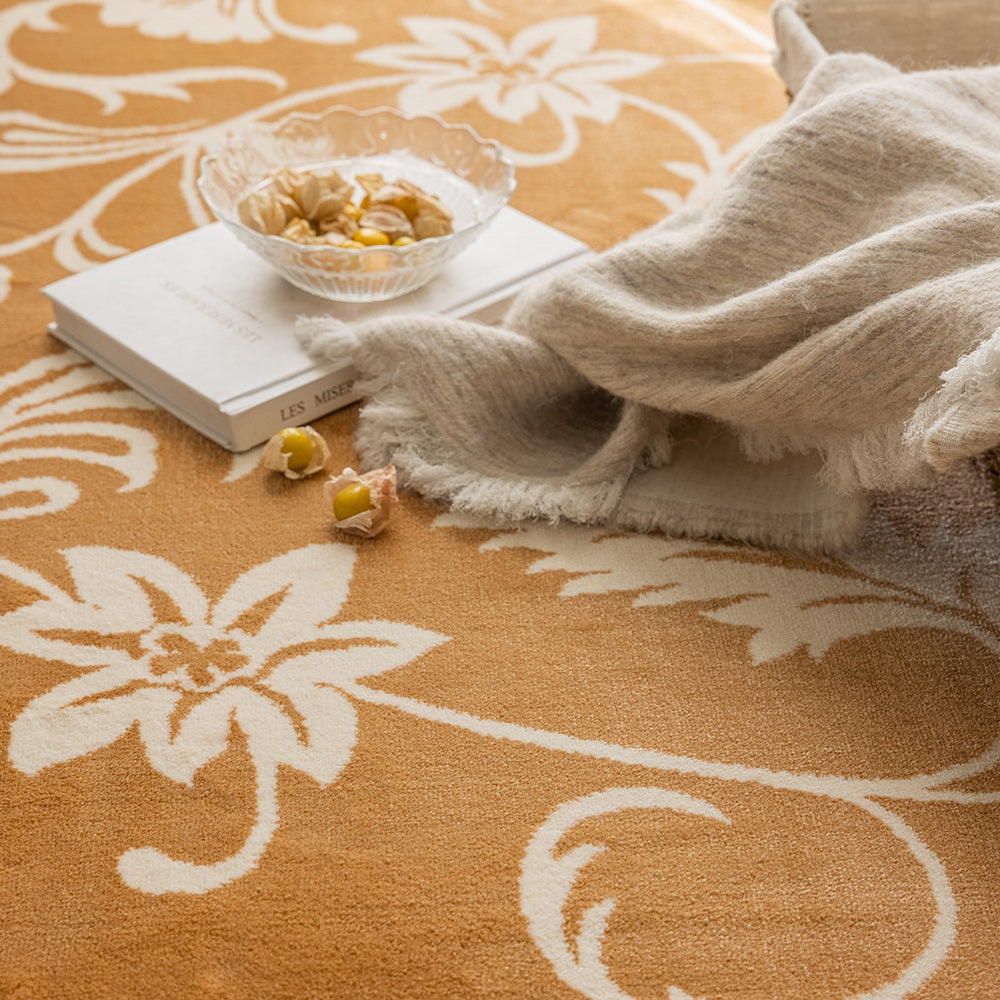 Kamy Warm Ochre Botanical Scroll Polypropylene Rug