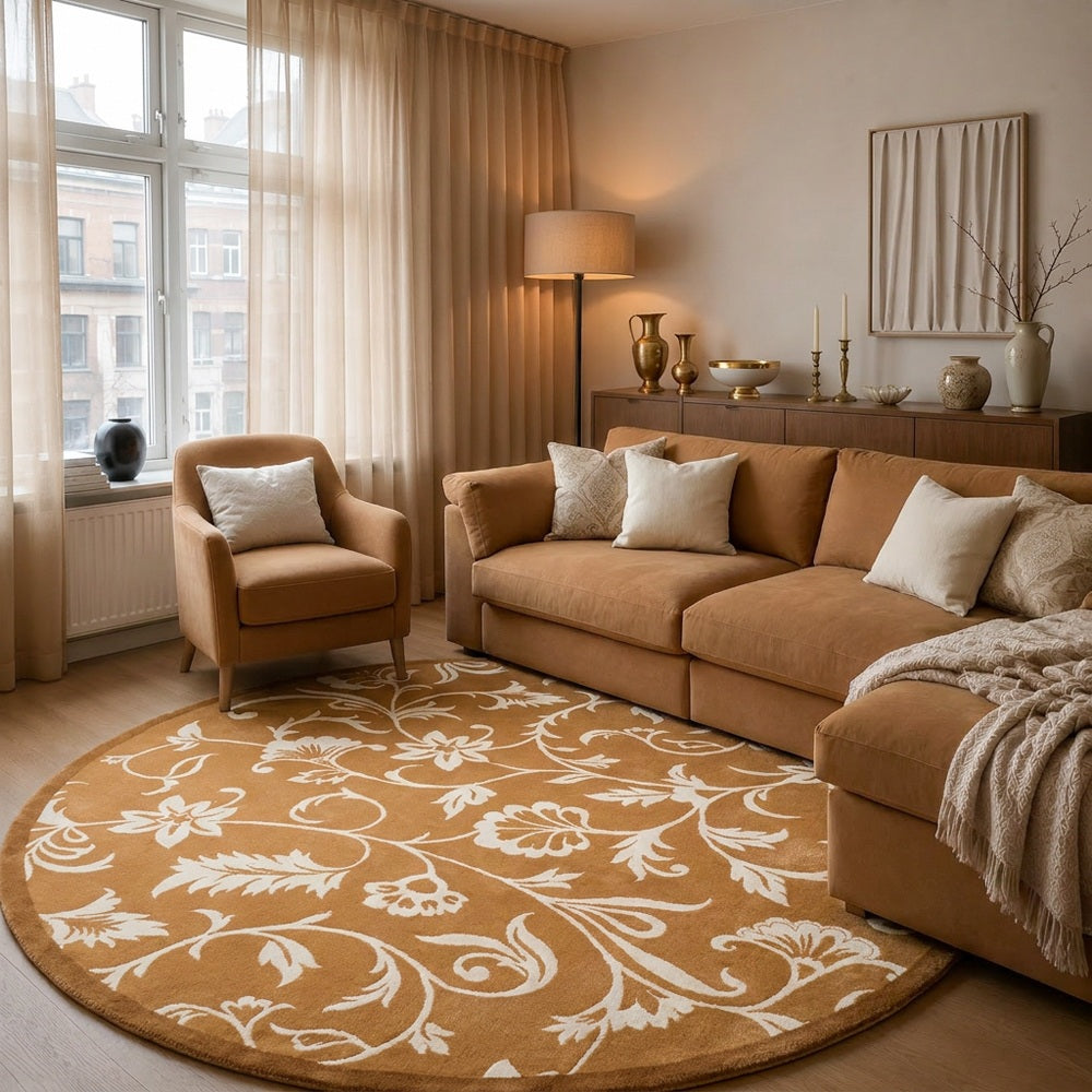 Kamy Warm Ochre Botanical Scroll Polypropylene Rug