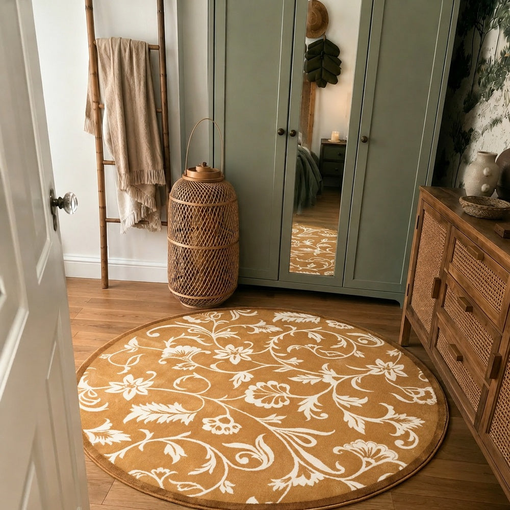Kamy Warm Ochre Botanical Scroll Polypropylene Rug