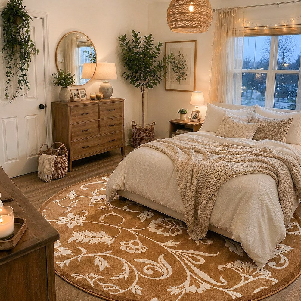 Kamy Warm Ochre Botanical Scroll Polypropylene Rug