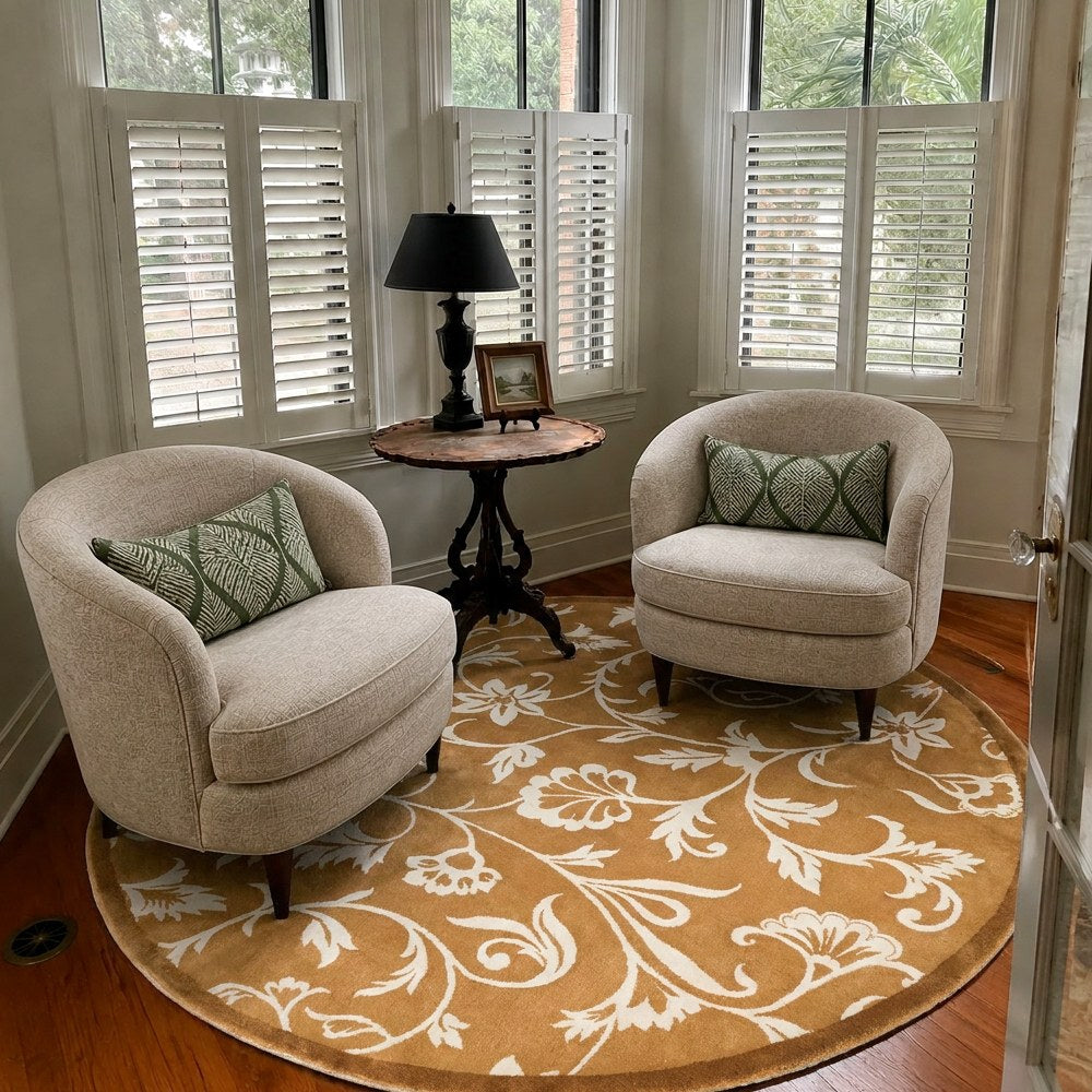 Kamy Warm Ochre Botanical Scroll Polypropylene Rug
