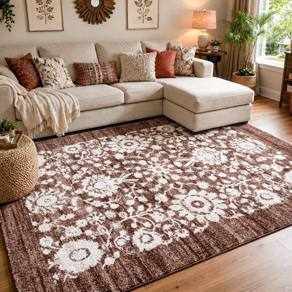 Tapis en polypropylène à médaillon floral vieilli Kellan