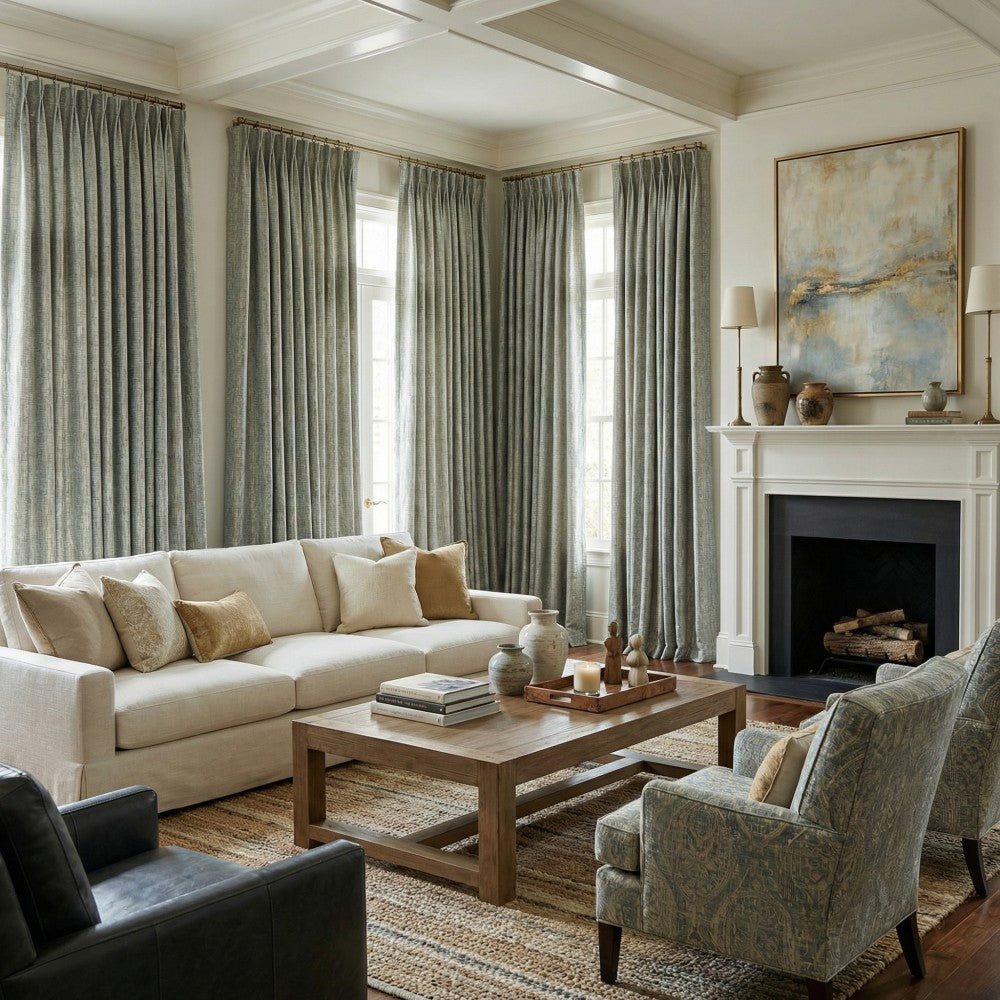 Logan Green Gold Thread Crosshatch Curtains