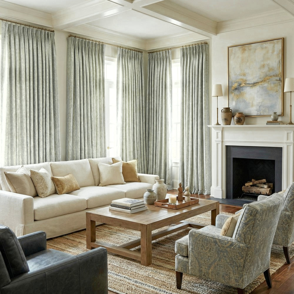 Logan Green Gold Thread Crosshatch Curtains