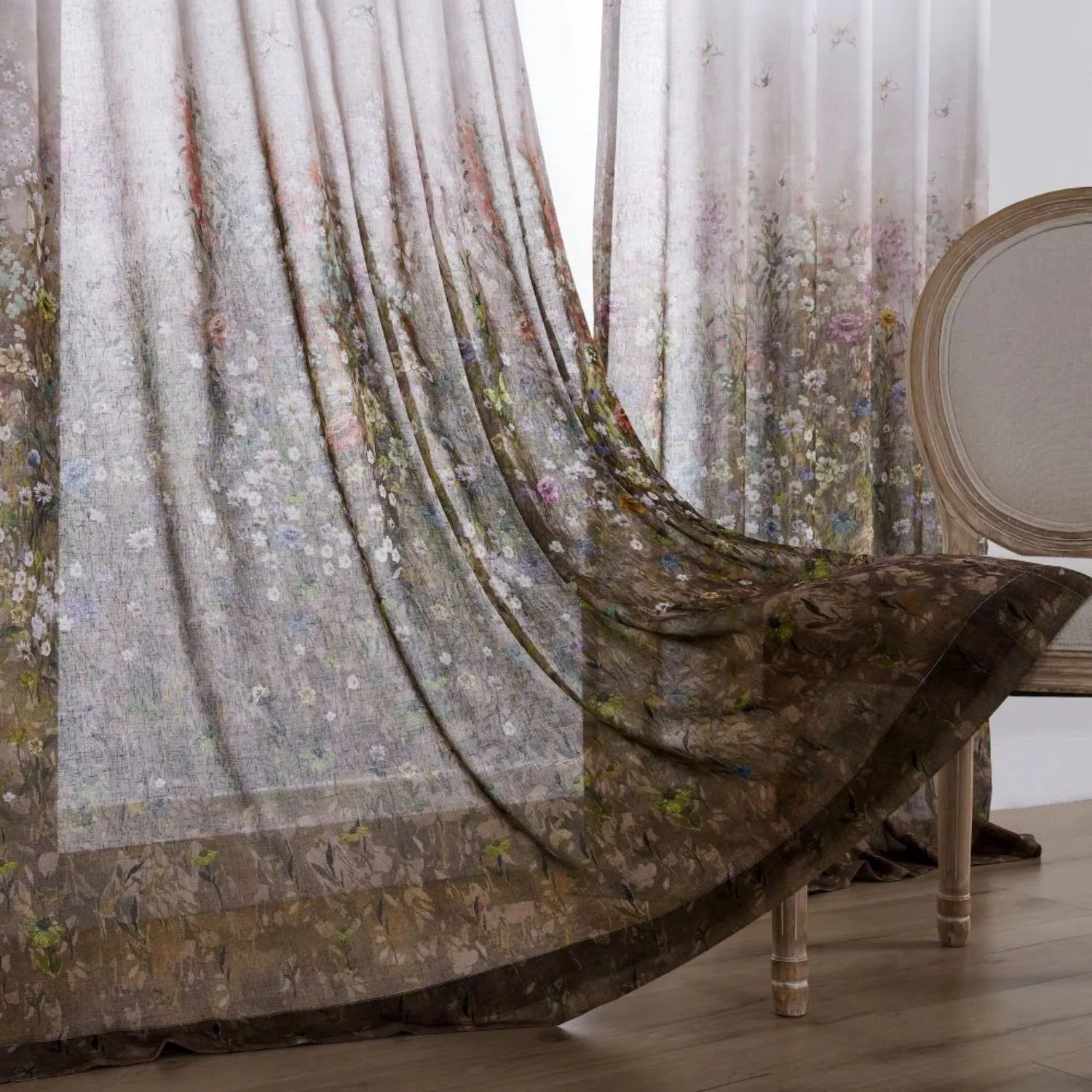 Lucy Botanical Print Border Sheer Curtains