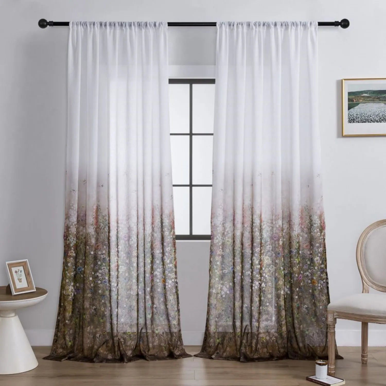 Lucy Botanical Print Border Sheer Curtains