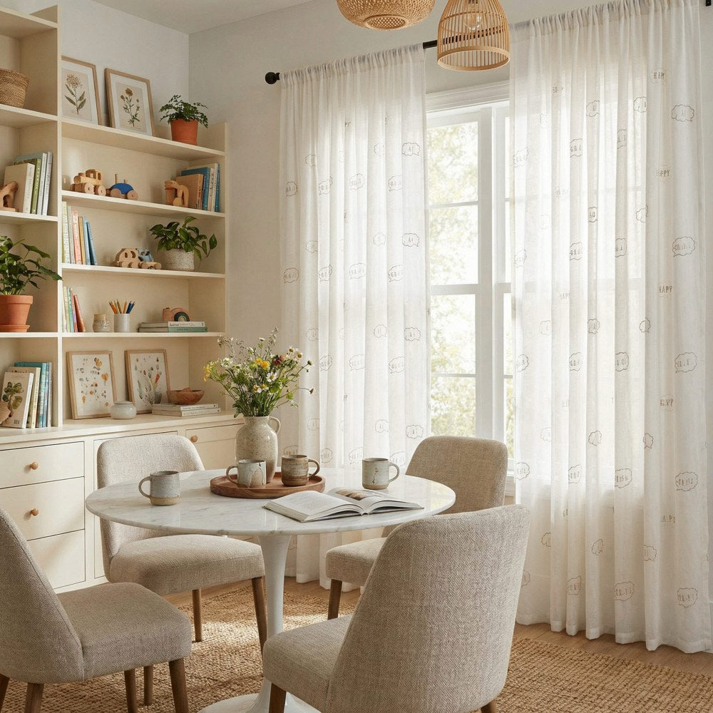 Niamh Embroidered Letter White Sheer Curtains