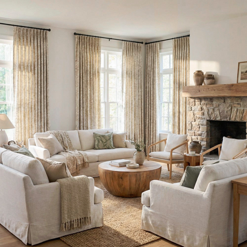 Oakley Beige Botanical Jacquard Curtains
