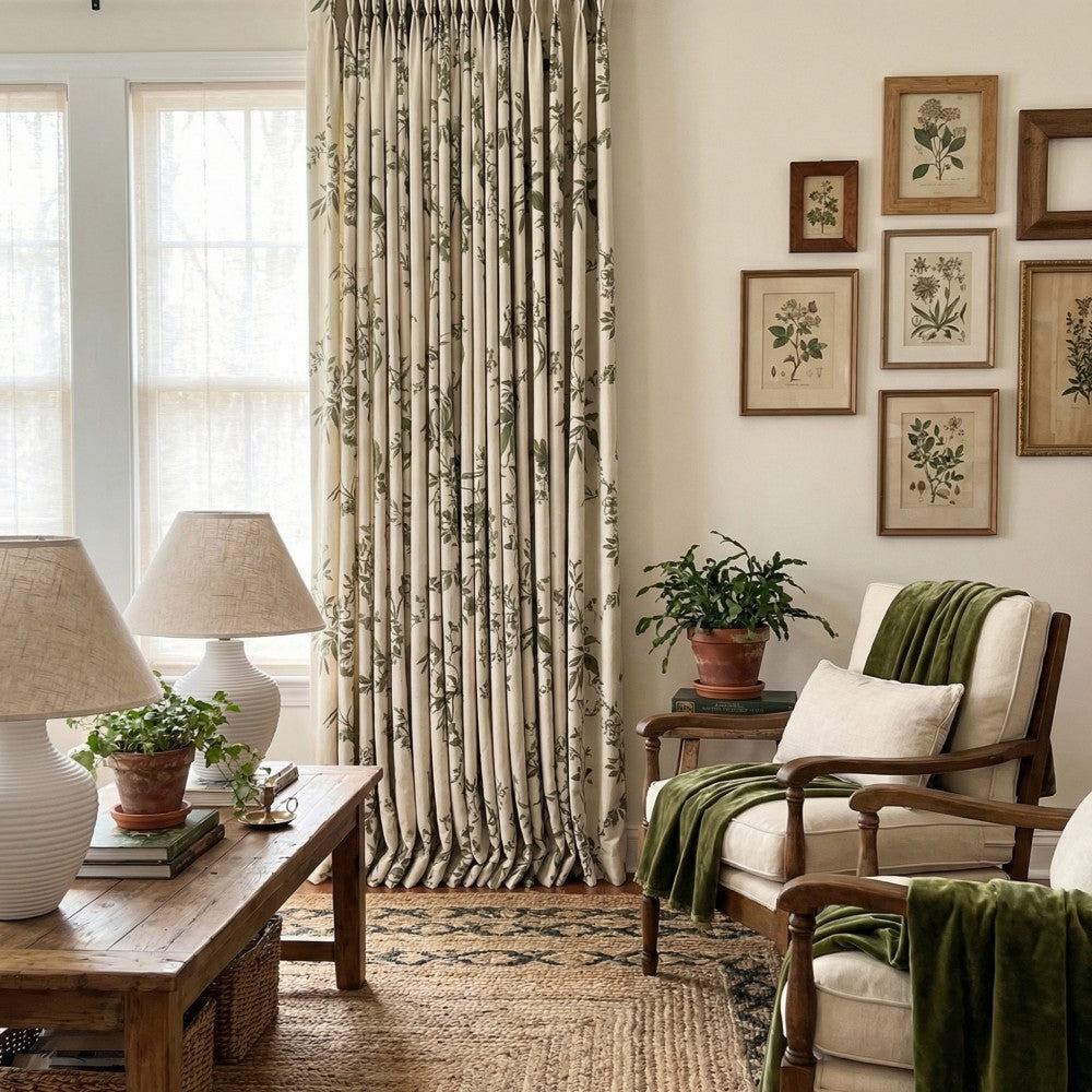 Ophelia Green Subtle Floral Leaf Curtains