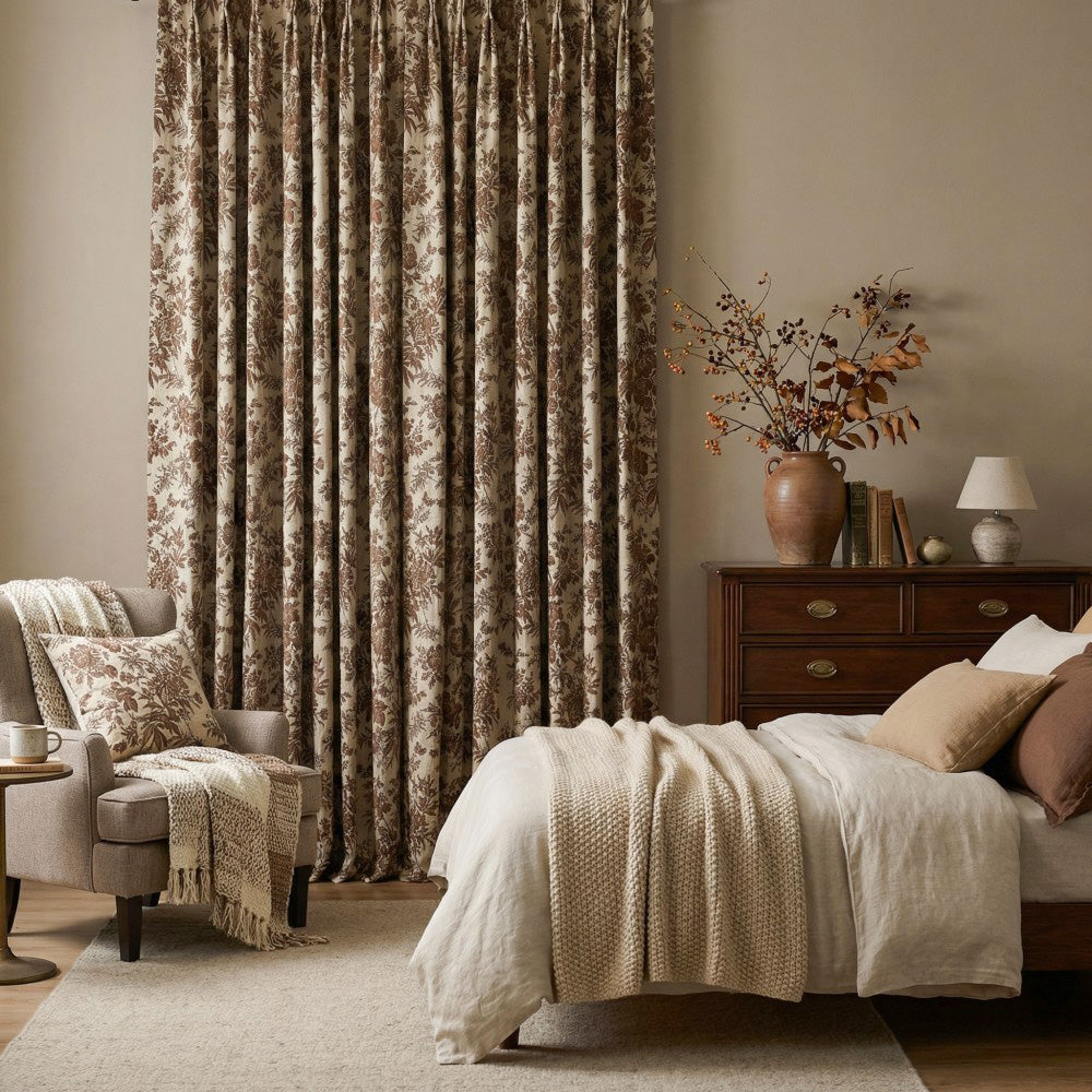 Pamela Heavy-weight Brown Leaf Floral Curtains