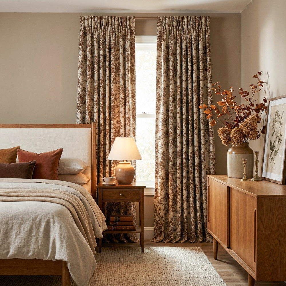 Pamela Heavy-weight Brown Leaf Floral Curtains