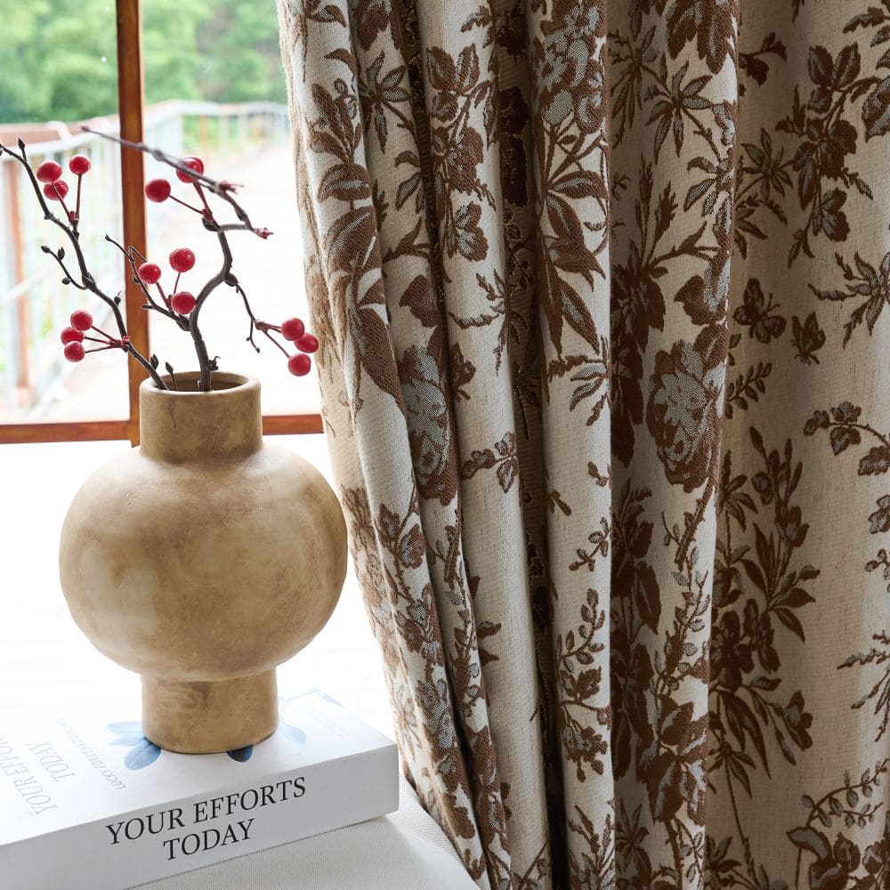 Pamela Heavy-weight Brown Leaf Floral Curtains