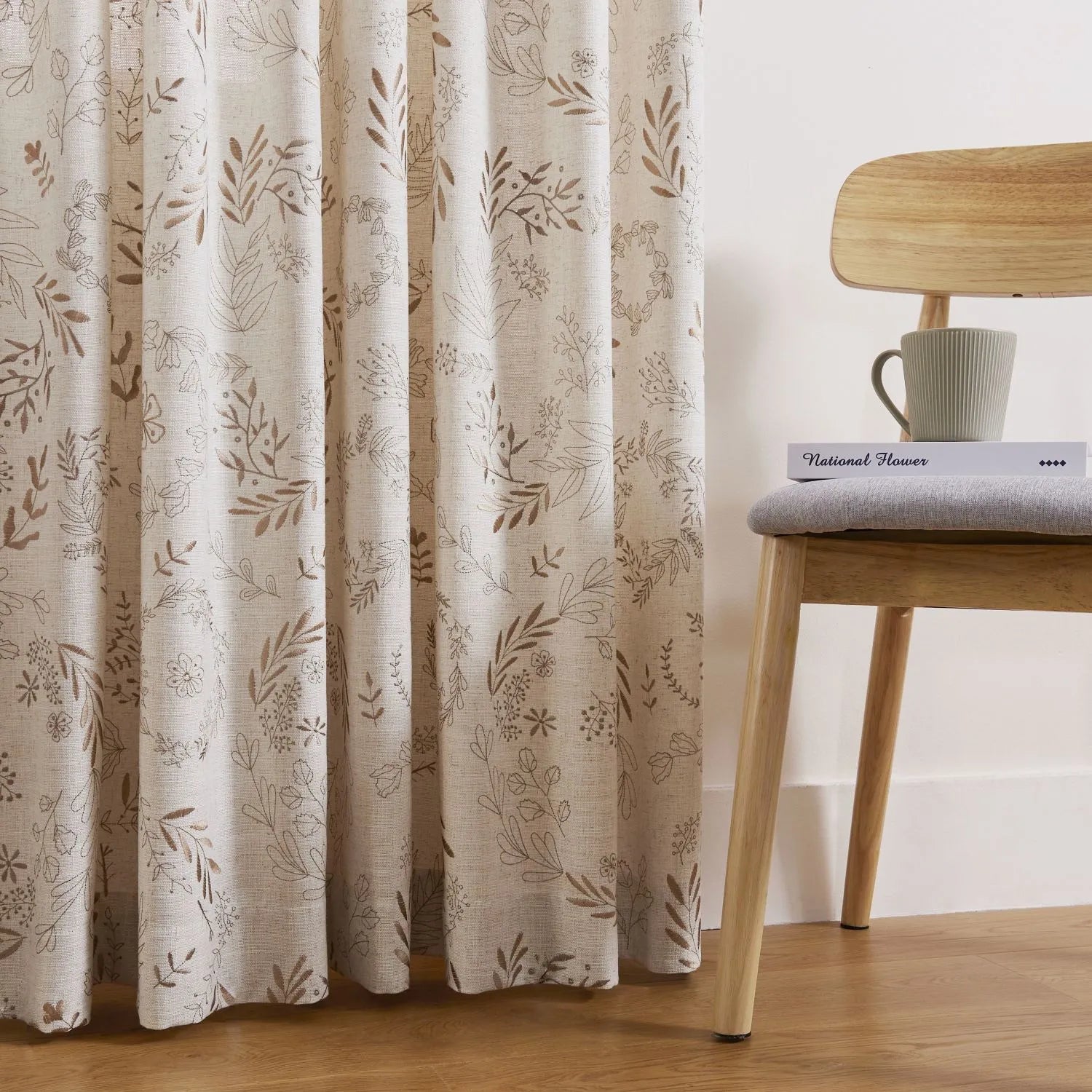 Peggy Subtle Leaf Linen Embroidered Curtains
