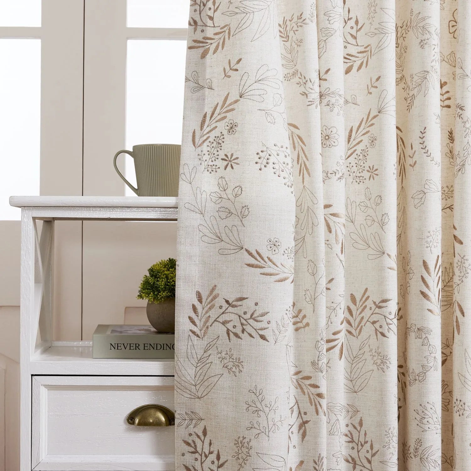 Peggy Subtle Leaf Linen Embroidered Curtains