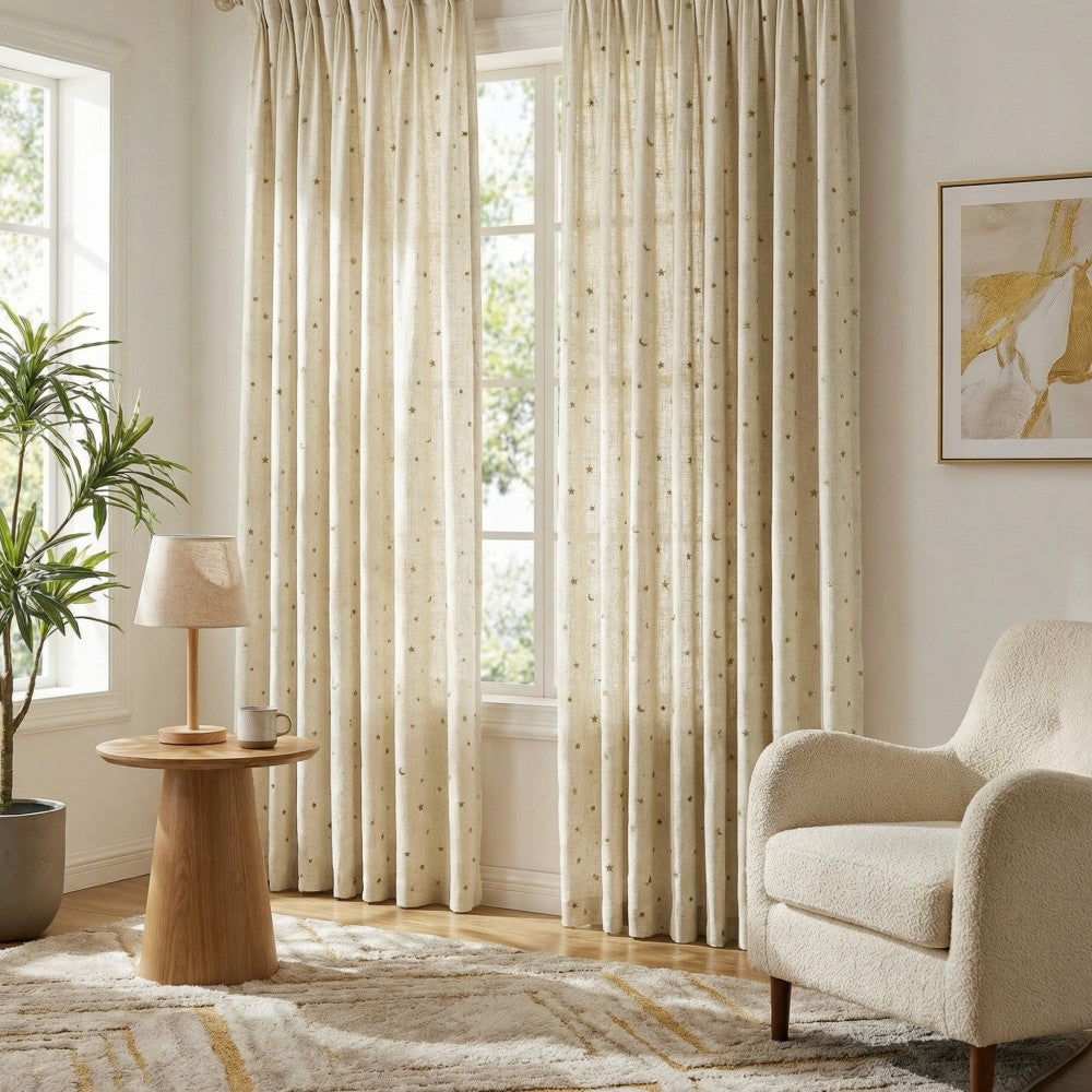 Ravi Moon & Star Embroidered Cotton Linen Curtains