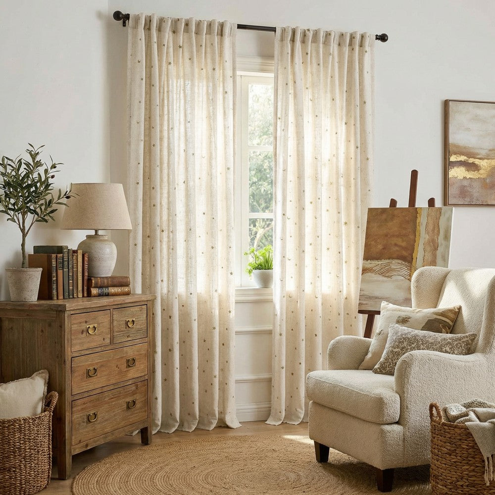 Ravi Moon & Star Embroidered Cotton Linen Curtains