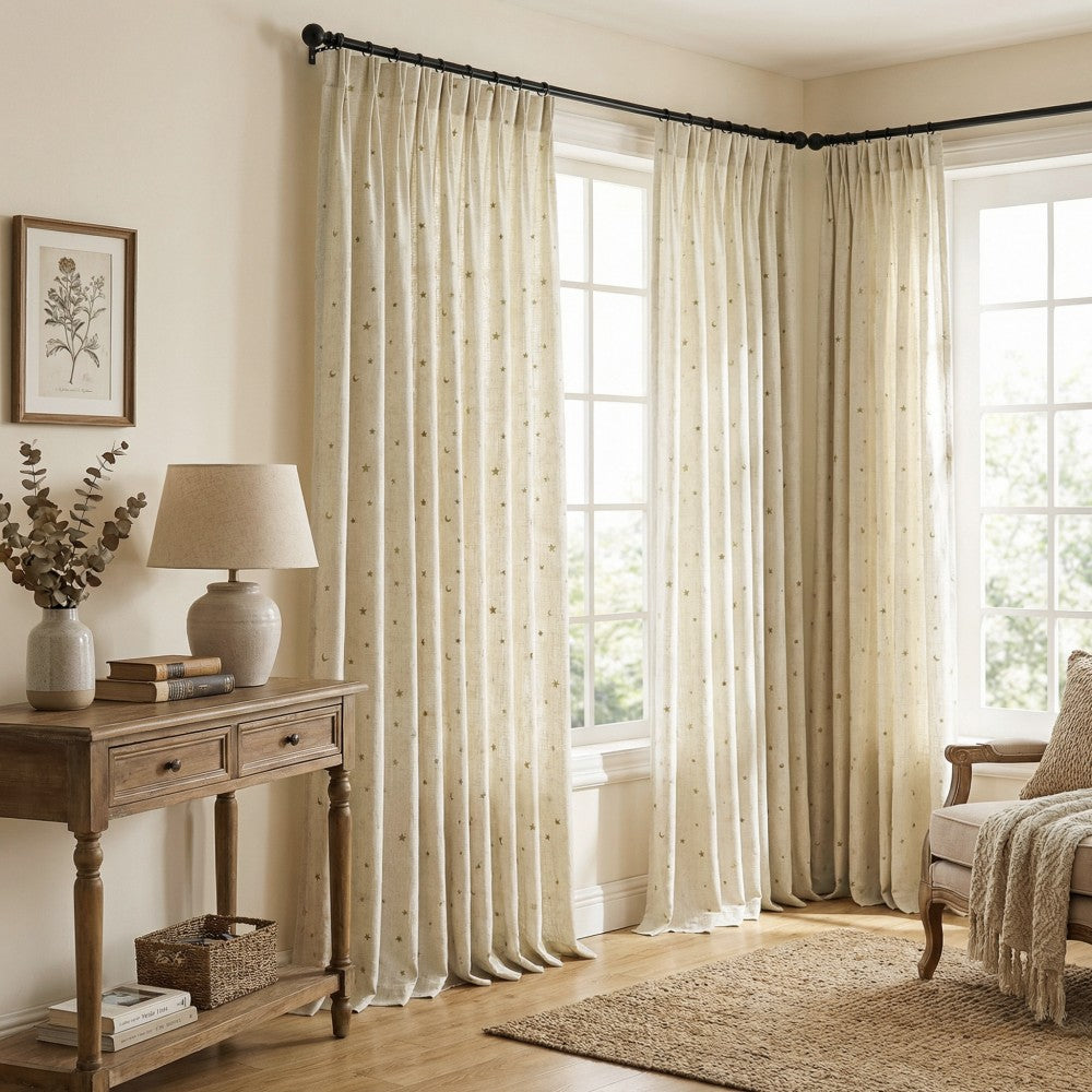 Ravi Moon & Star Embroidered Cotton Linen Curtains