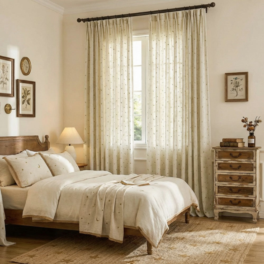 Ravi Moon & Star Embroidered Cotton Linen Curtains