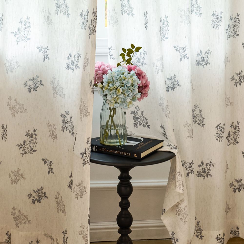 Reeta French Style Grey Floral Printed Curtains
