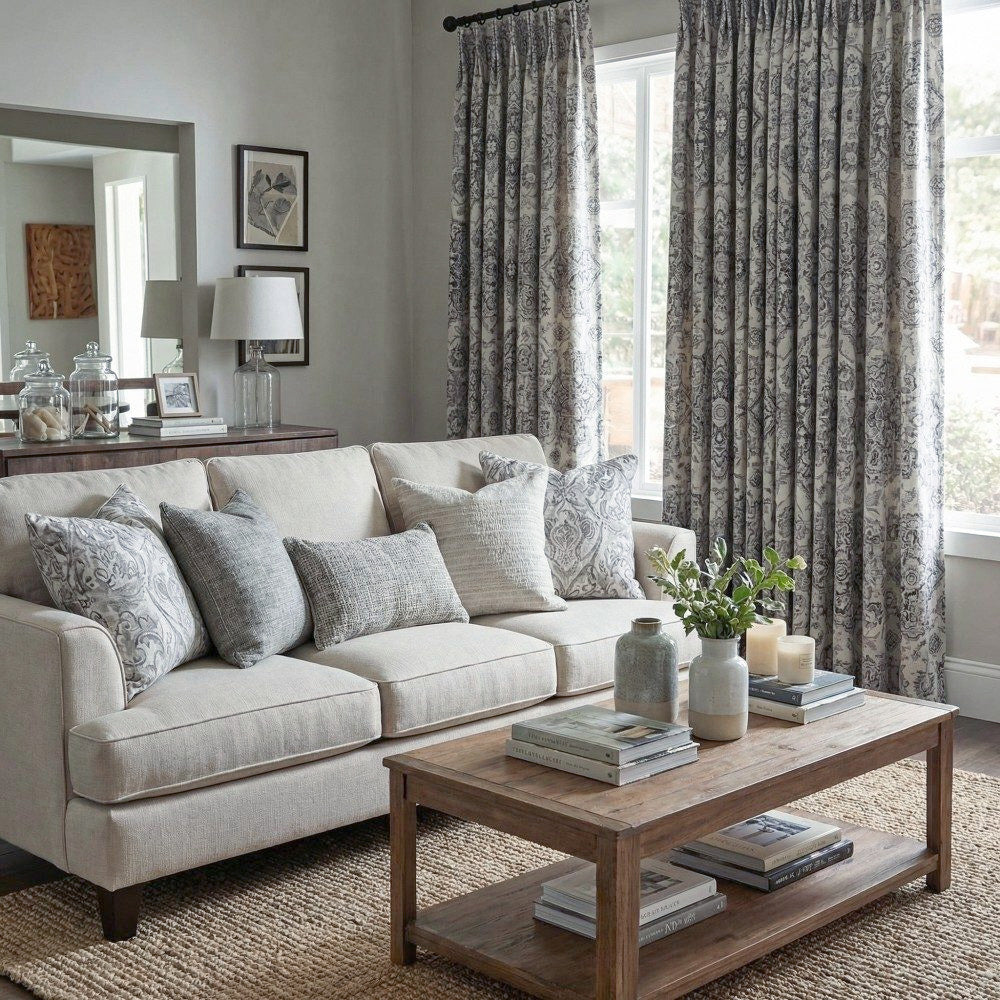 Rossa Grey Blue French Country Style Damask Custom Curtains