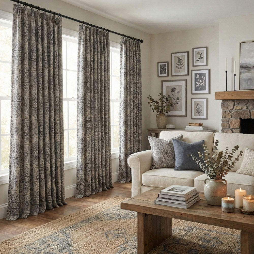 Rossa Grey Blue French Country Style Damask Custom Curtains