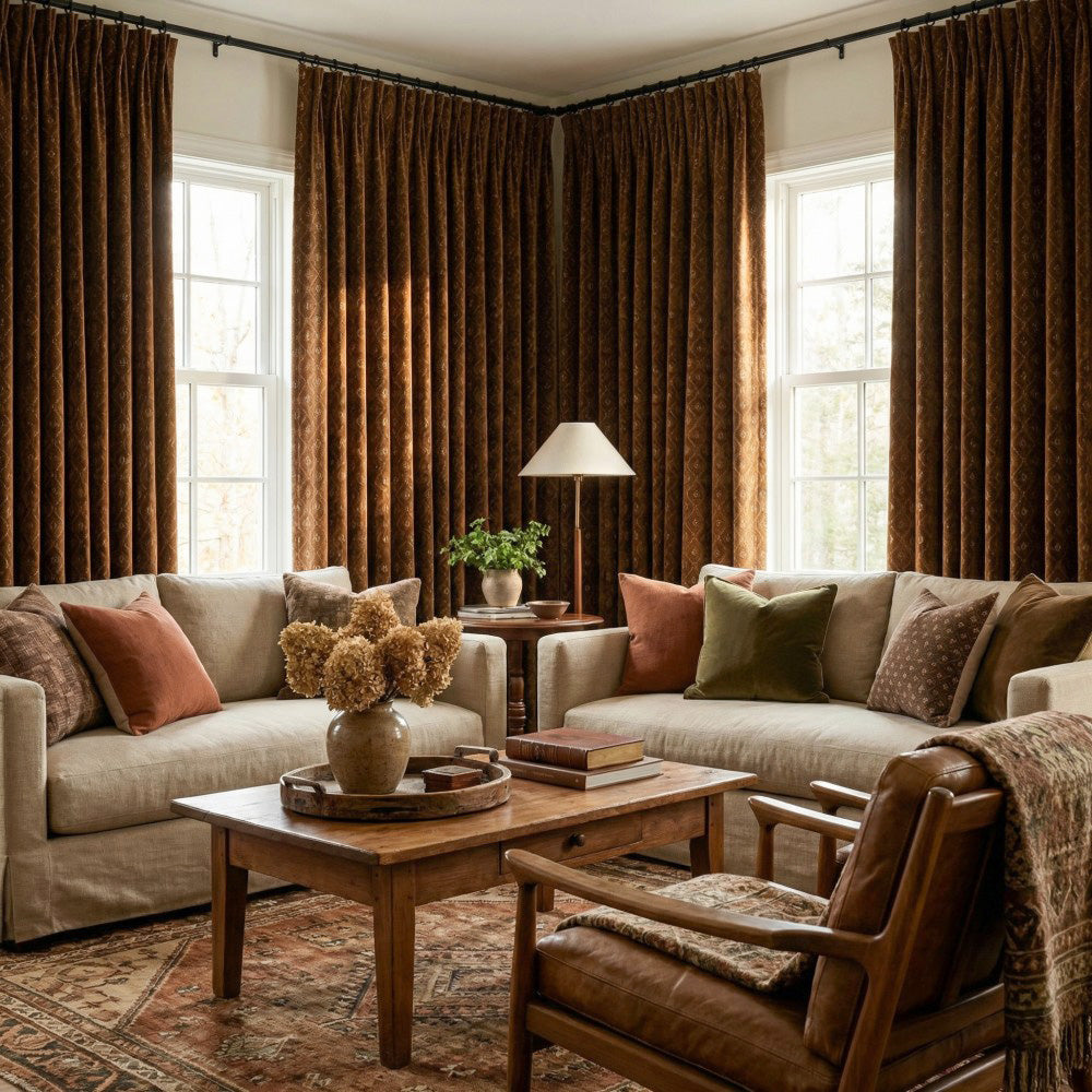 Scarlett Caramel Diamond Trellis Floral Velvet Curtains