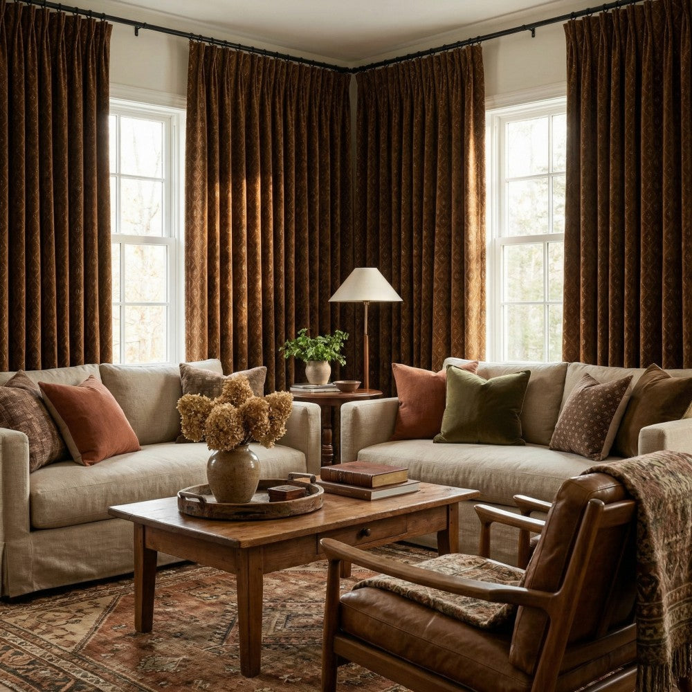 Scarlett Caramel Diamond Trellis Floral Velvet Curtains