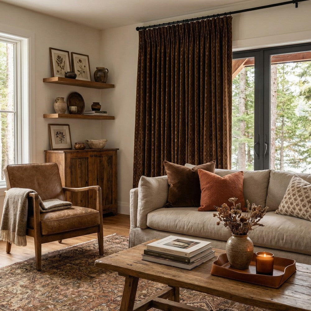 Scarlett Caramel Diamond Trellis Floral Velvet Curtains