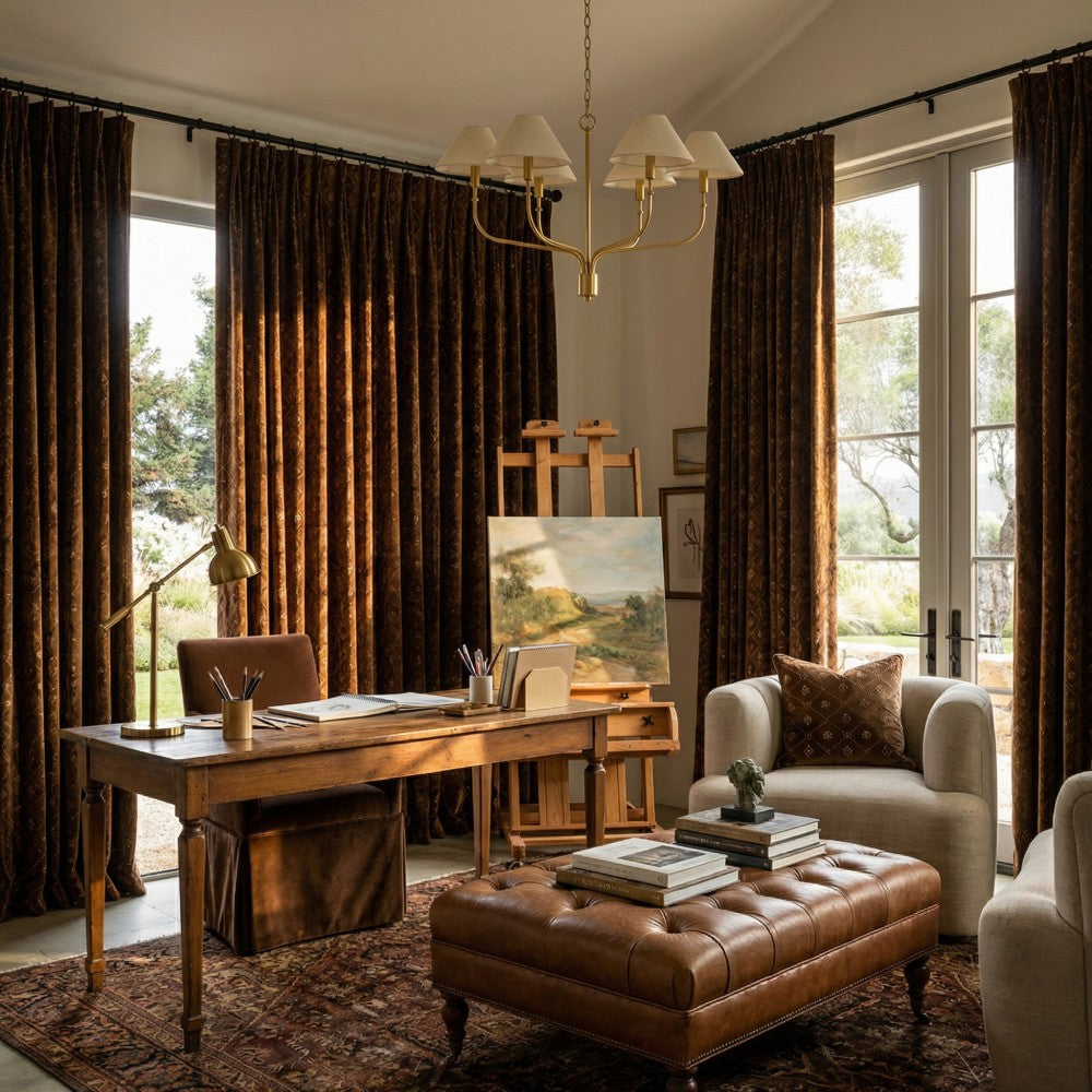 Scarlett Caramel Diamond Trellis Floral Velvet Curtains