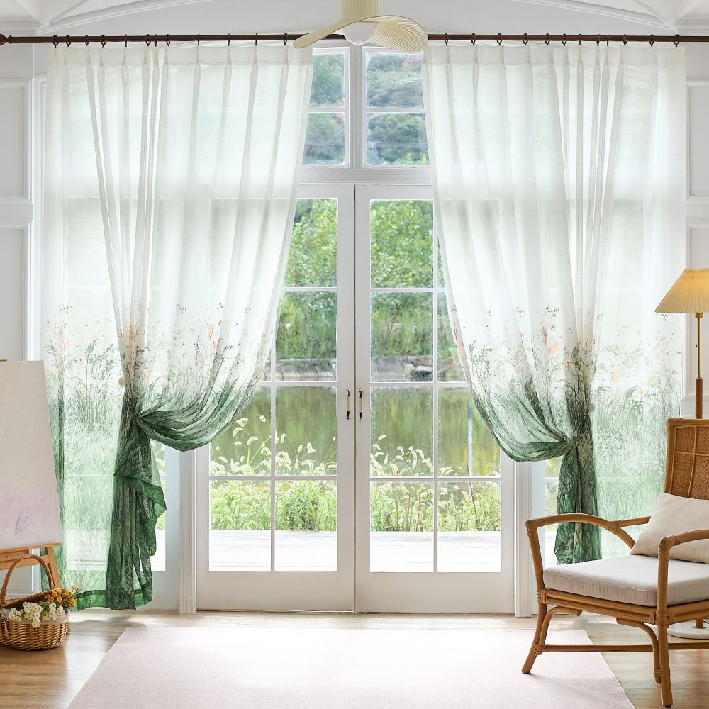 Sicily Green Flowery Lawn Printed Sheer Curtains