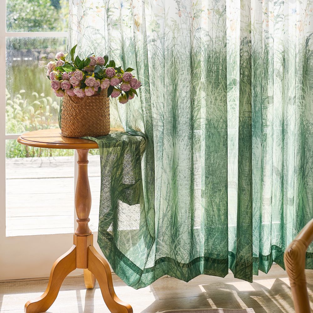 Sicily Green Flowery Lawn Printed Sheer Curtains