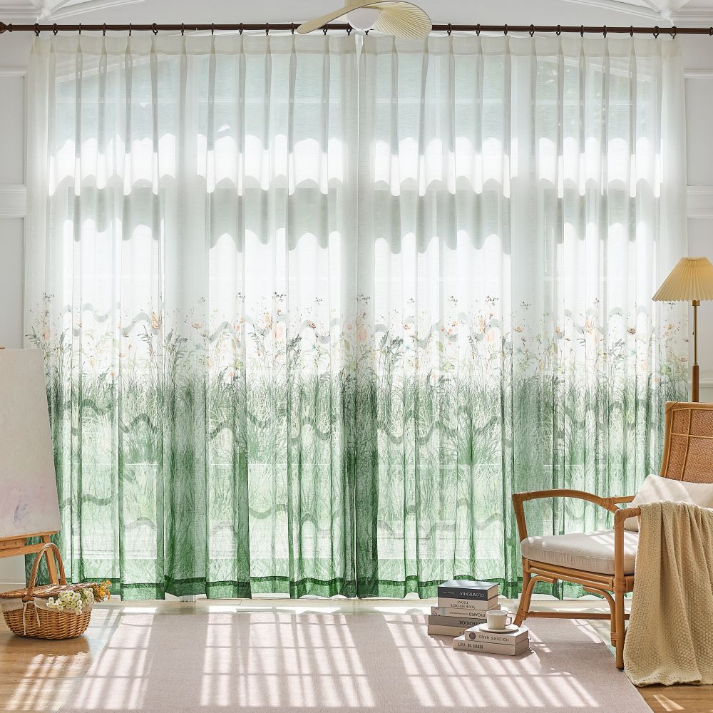 Sicily Green Flowery Lawn Printed Sheer Curtains
