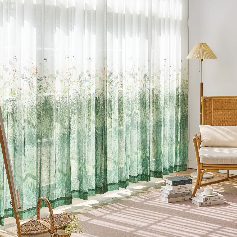 Sicily Green Flowery Lawn Printed Sheer Curtains