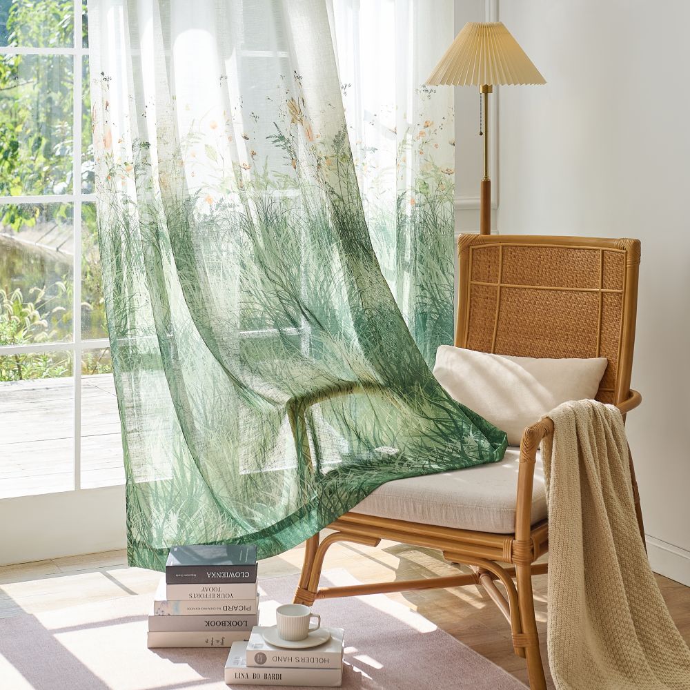 Sicily Green Flowery Lawn Printed Sheer Curtains