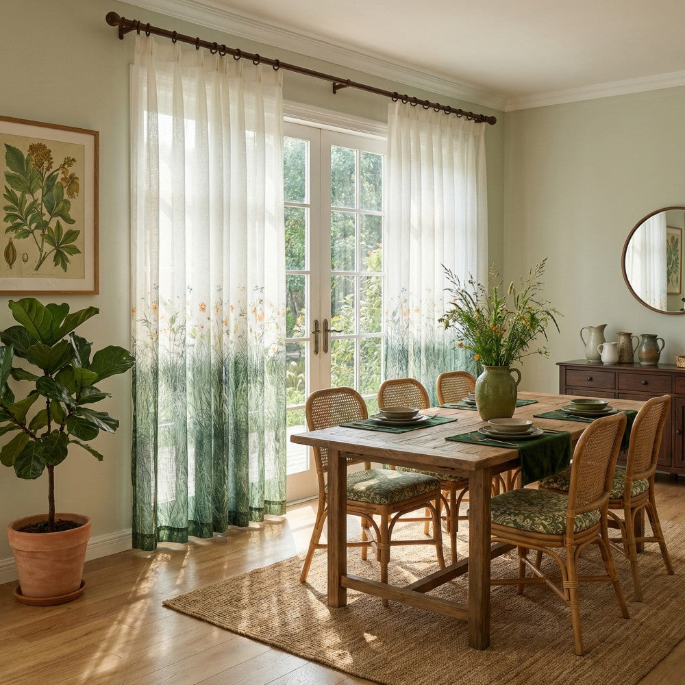 Sicily Green Flowery Lawn Printed Sheer Curtains